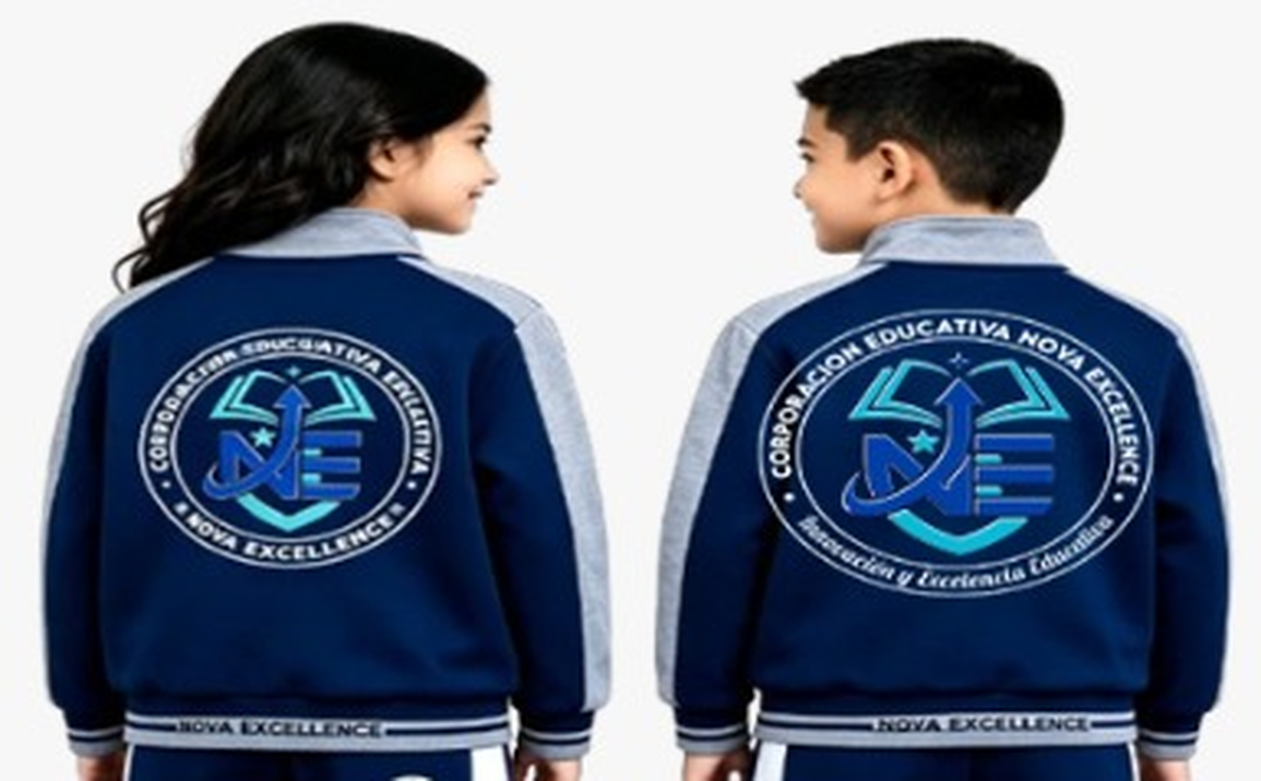 Pareja buzo con logo Corporación espalda — uniforme oficial IEP Nova Excellence